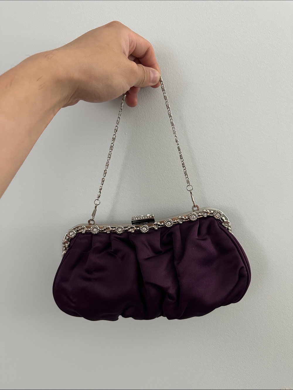 Elegant Purple Satin Evening Clutch with Rhinestone Frame